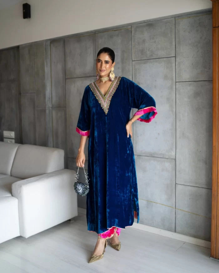 Nadira Blue Velvet Kaftan Kurta Set by Rajiramniq for women Worldwide