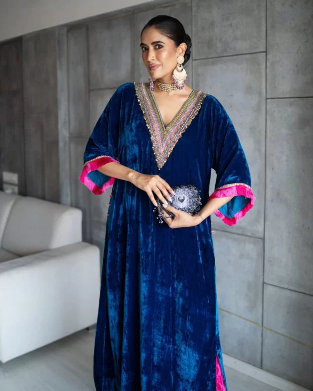 Nadira Blue Velvet Kaftan Kurta Set by Rajiramniq for women Worldwide