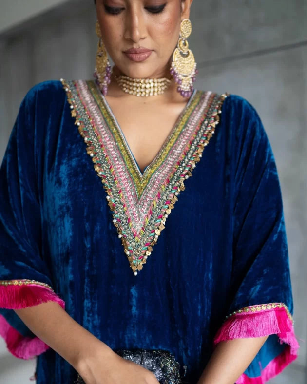 Nadira Blue Velvet Kaftan Kurta Set by Rajiramniq for women Worldwide