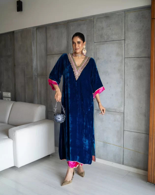 Nadira Blue Velvet Kaftan Kurta Set by Rajiramniq for women Worldwide