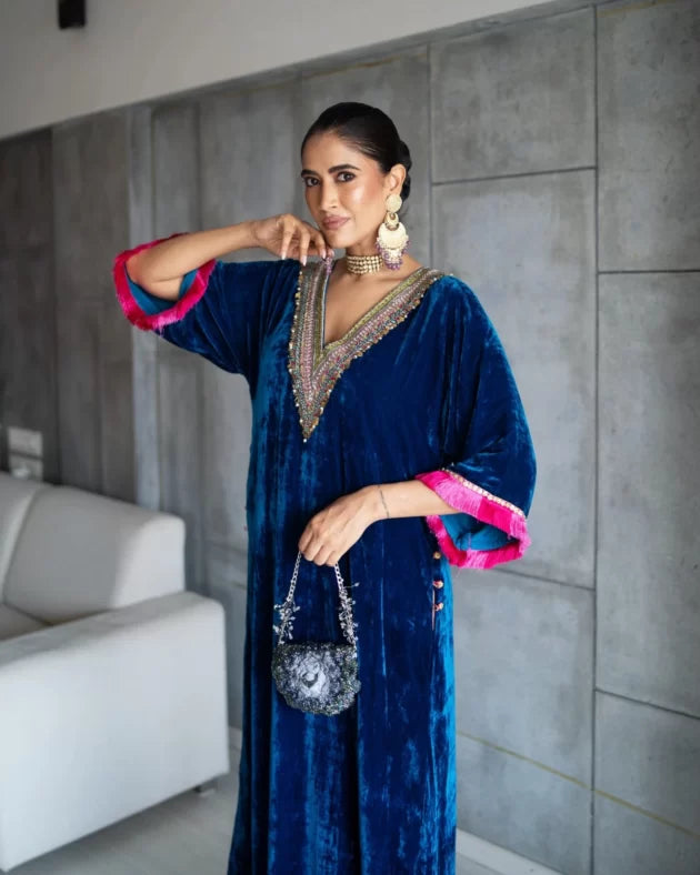 Nadira Blue Velvet Kaftan Kurta Set by Rajiramniq for women Worldwide