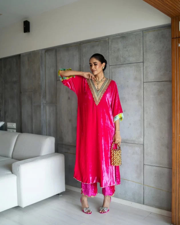 Nadira Hot Pink Velvet Kaftan Kurta Set by Rajiramniq in pink color for women Worldwide