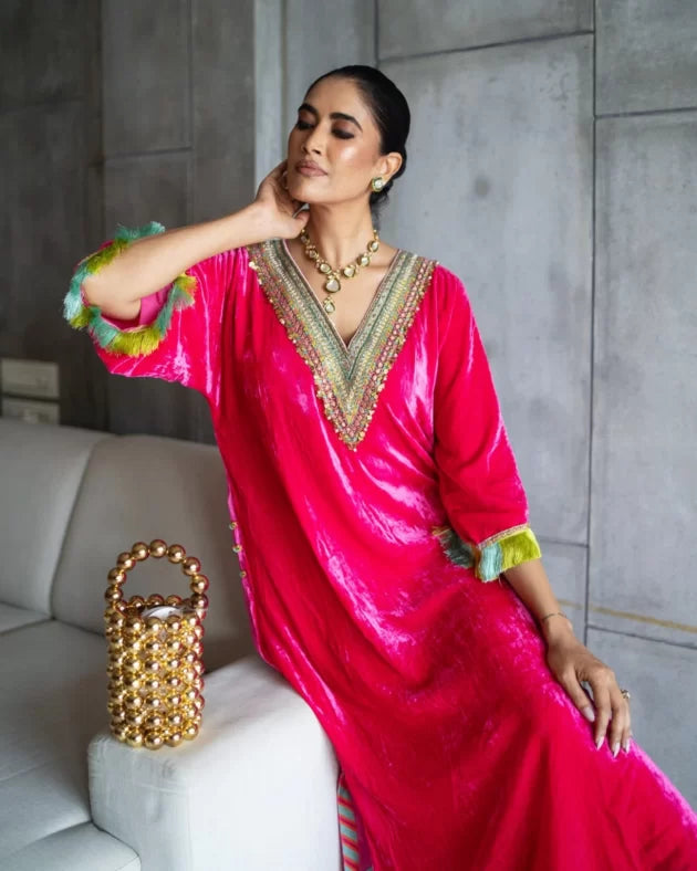 Nadira Hot Pink Velvet Kaftan Kurta Set by Rajiramniq in pink color for women Worldwide