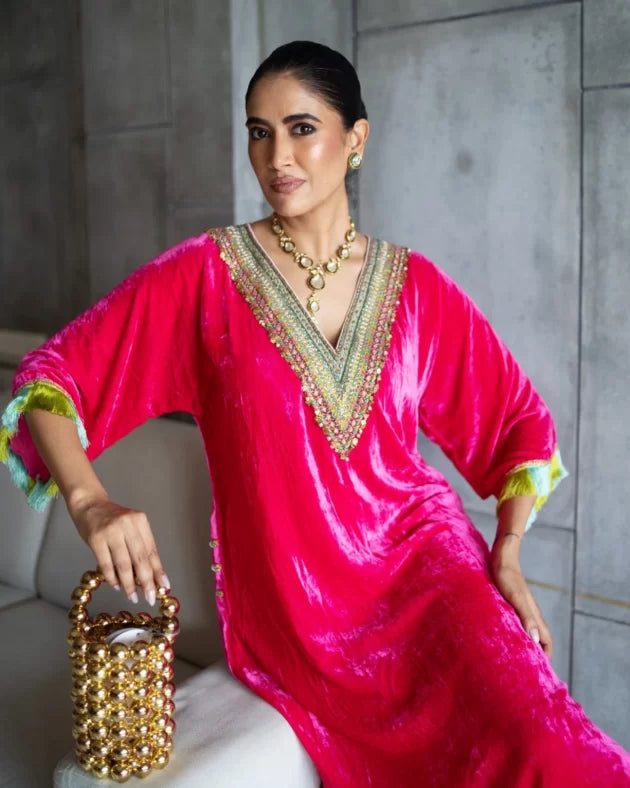 Nadira Hot Pink Velvet Kaftan Kurta Set by Rajiramniq in pink color for women Worldwide