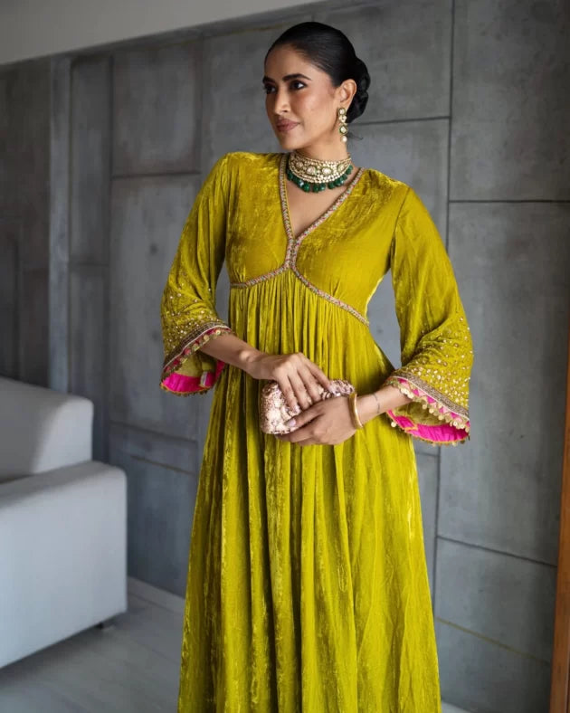 Nadira Lime Yellow Sprinkle Bell Sleeve Velvet Kurta Set by Rajiramniq for women Worldwide