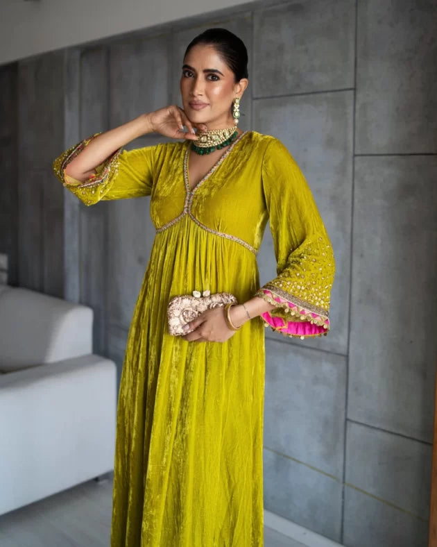 Nadira Lime Yellow Sprinkle Bell Sleeve Velvet Kurta Set by Rajiramniq for women Worldwide