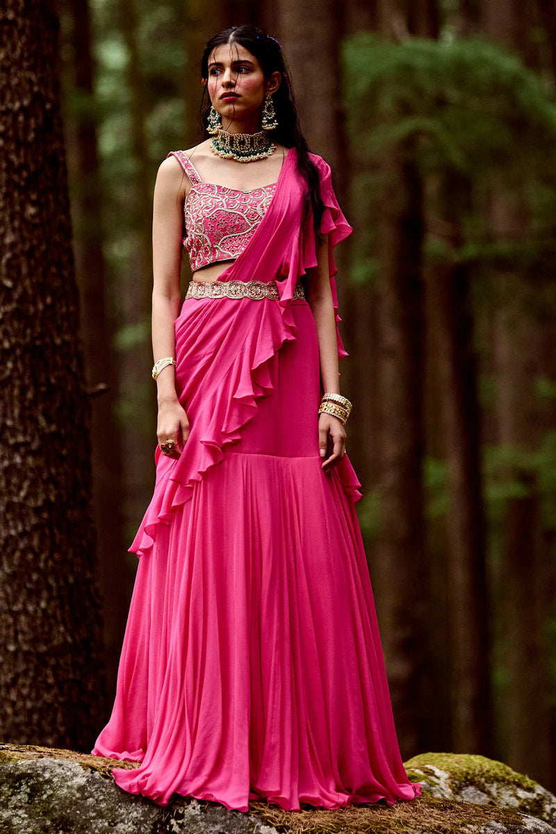 Naomi Saree Set georgettte by Paulmi & Harsh-kahan Sep'26 in pink for women Worldwide