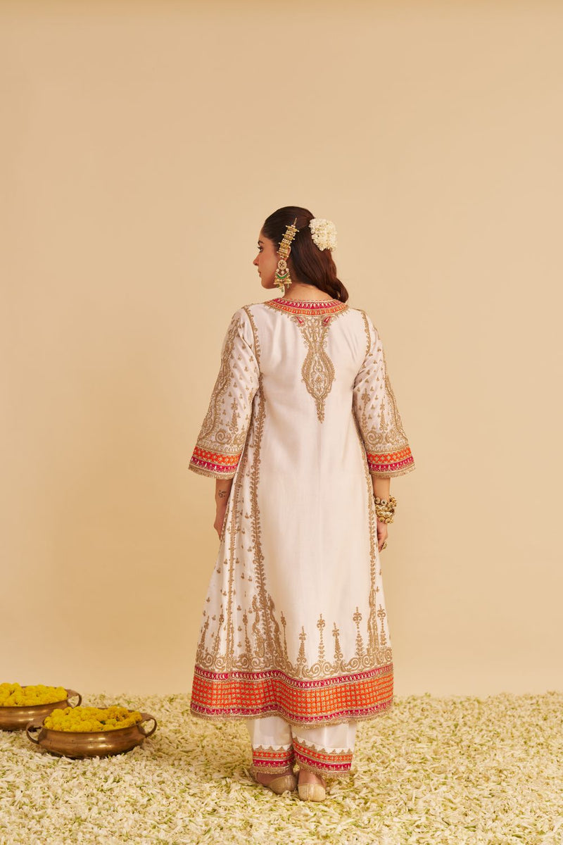 Nargis - Dabka Zardozi Embroidered Rich Banarasi Kalidaar Daisy Ivory Long Chauga Set satin by SHEETAL BATRA in ivory color for women Worldwide