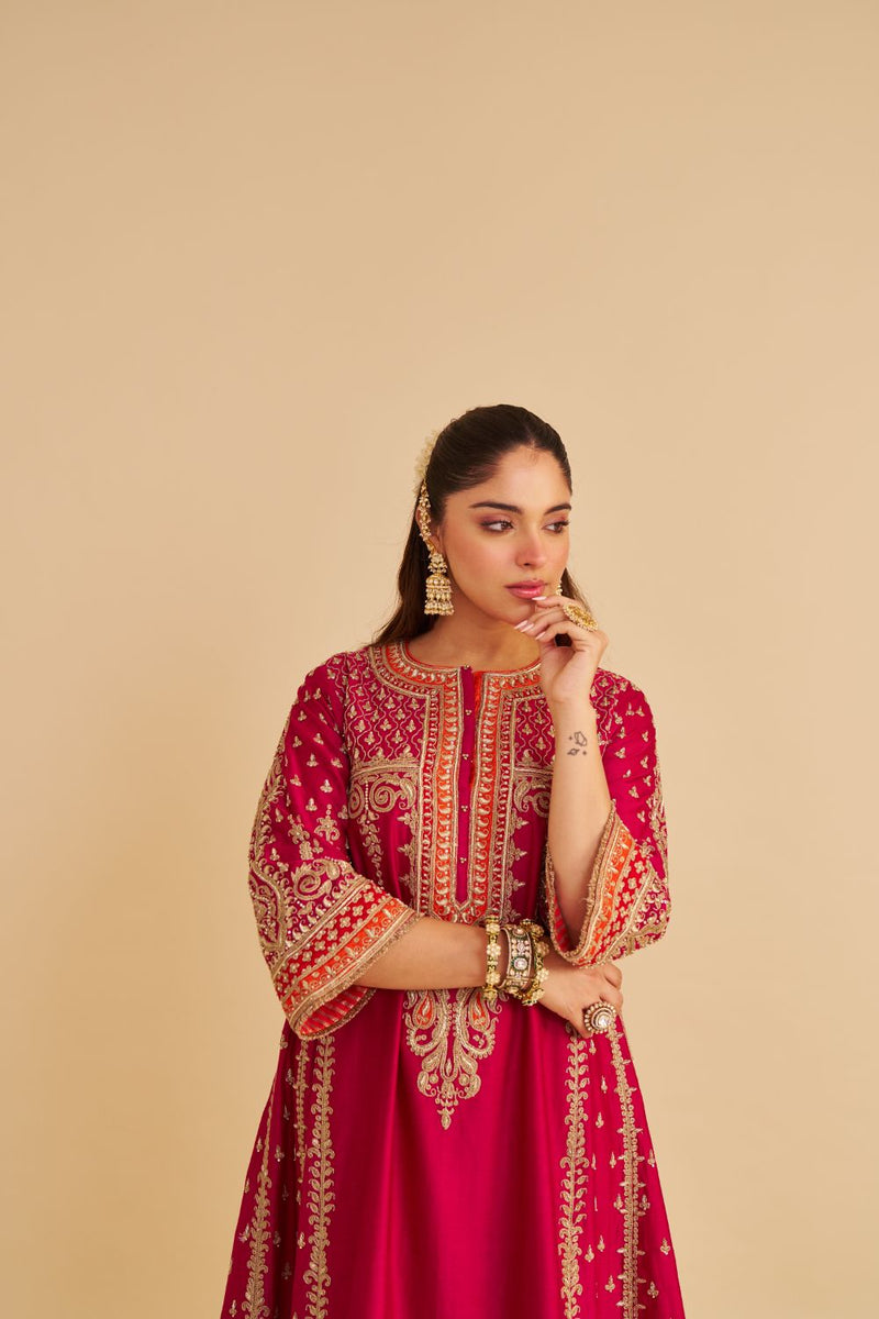 Nargis - Dabka Zardozi Embroidered Rich Banarasi Kalidaar Hotpink Long Chauga Set satin by SHEETAL BATRA in pink color for women Worldwide