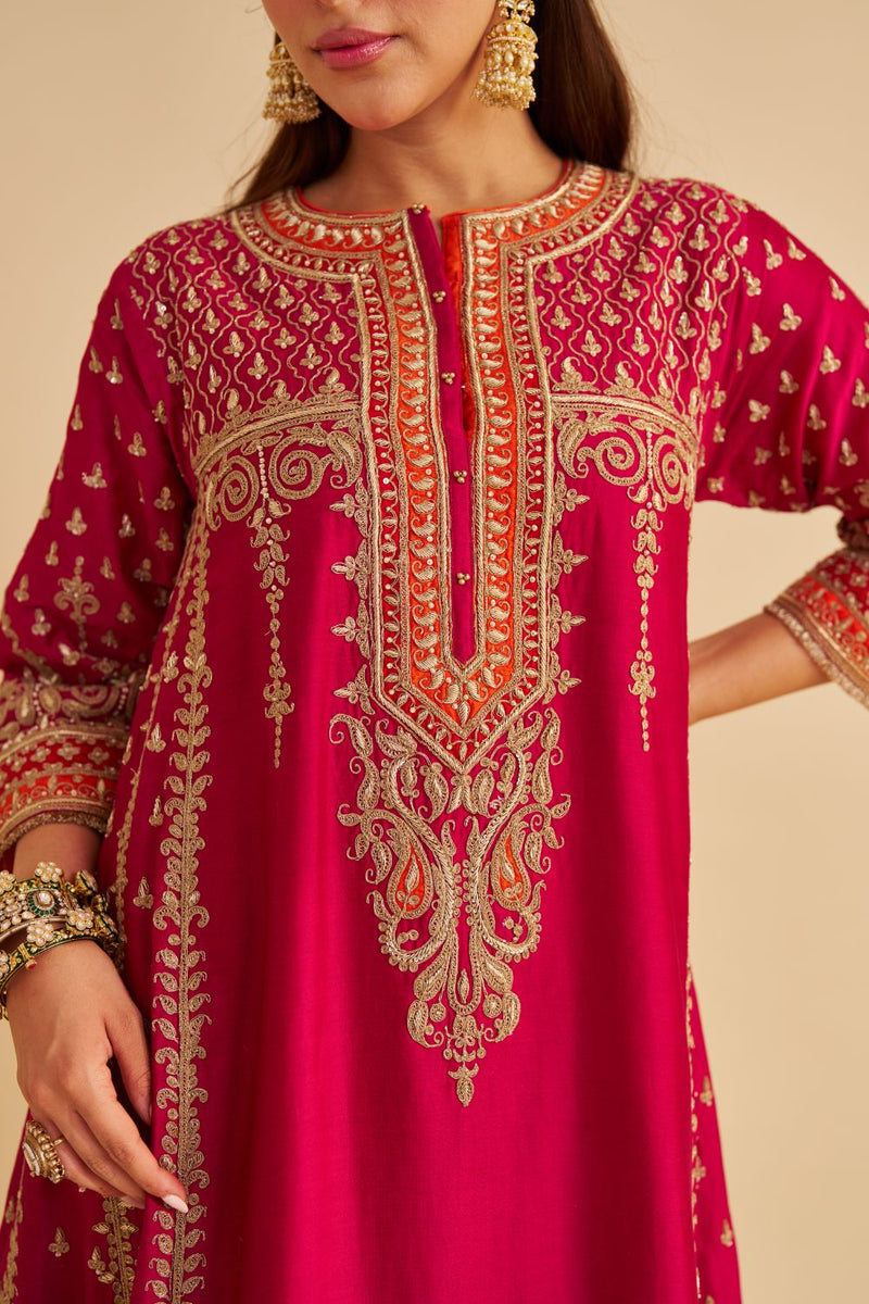Nargis - Dabka Zardozi Embroidered Rich Banarasi Kalidaar Hotpink Long Chauga Set satin by SHEETAL BATRA in pink color for women Worldwide