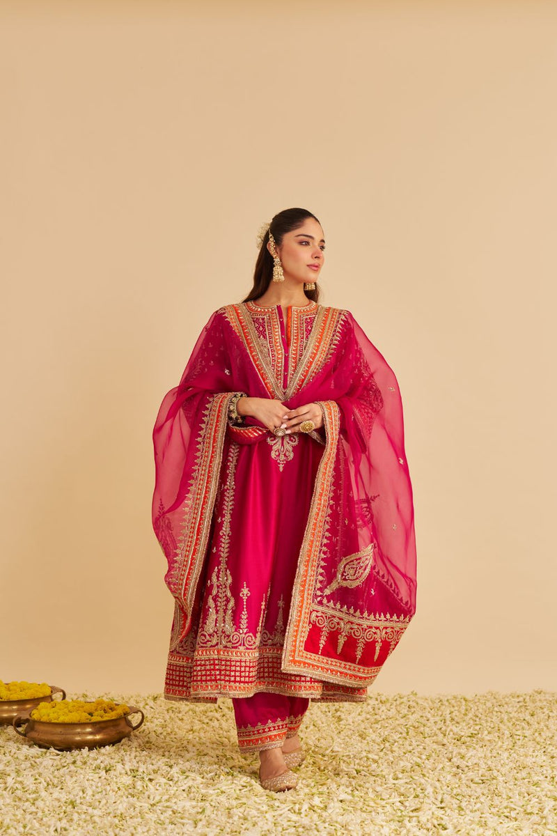 Nargis - Dabka Zardozi Embroidered Rich Banarasi Kalidaar Hotpink Long Chauga Set satin by SHEETAL BATRA in pink color for women Worldwide