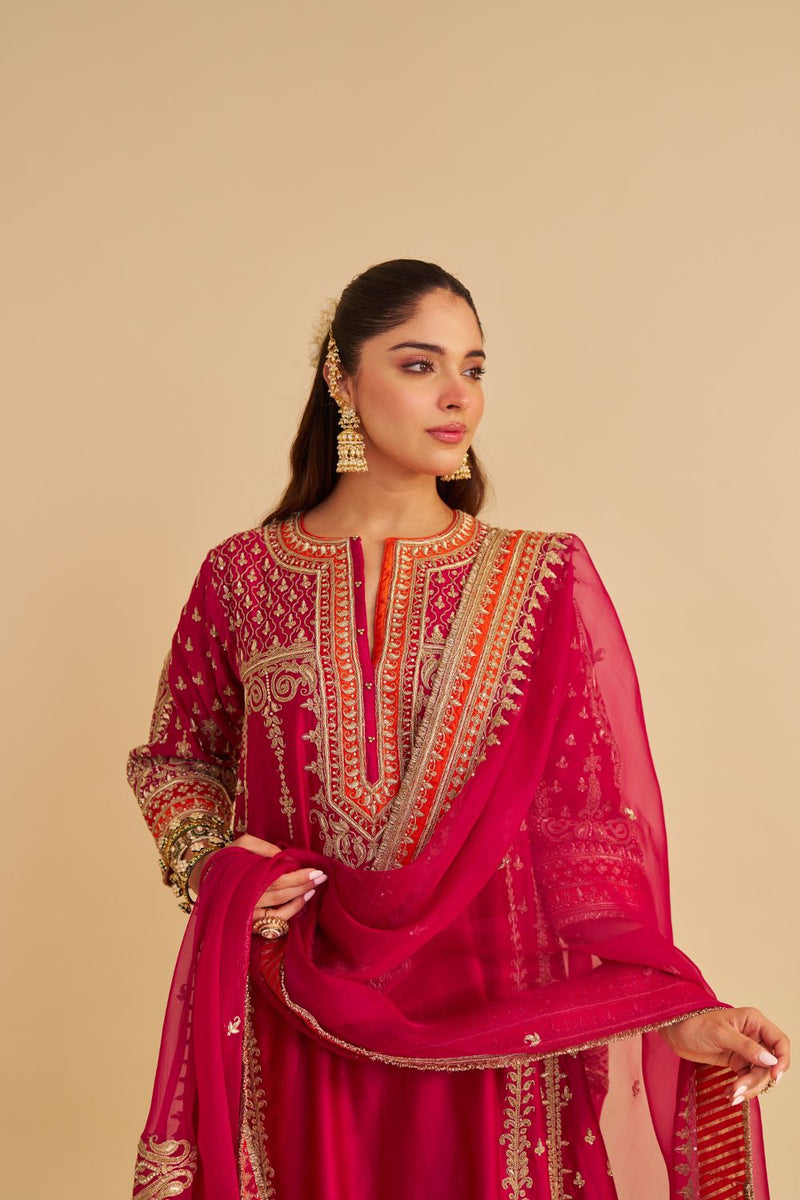 Nargis - Dabka Zardozi Embroidered Rich Banarasi Kalidaar Hotpink Long Chauga Set satin by SHEETAL BATRA in pink color for women Worldwide