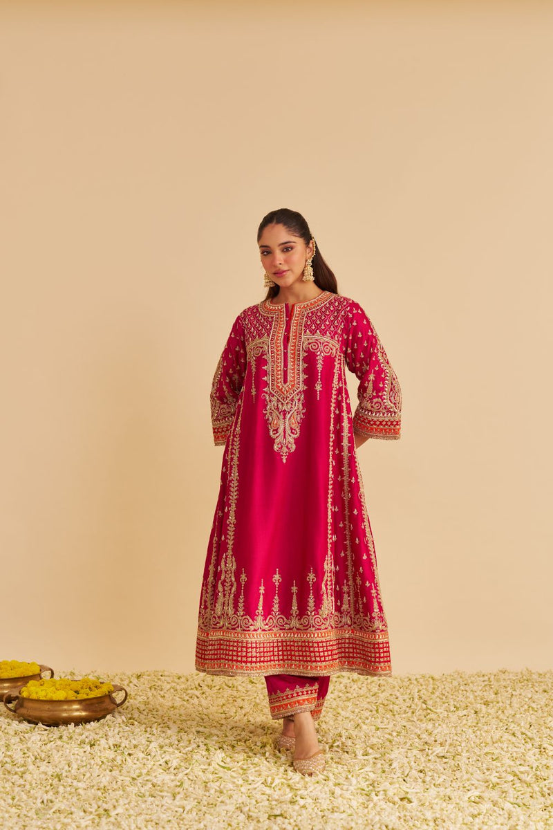 Nargis - Dabka Zardozi Embroidered Rich Banarasi Kalidaar Hotpink Long Chauga Set satin by SHEETAL BATRA in pink color for women Worldwide