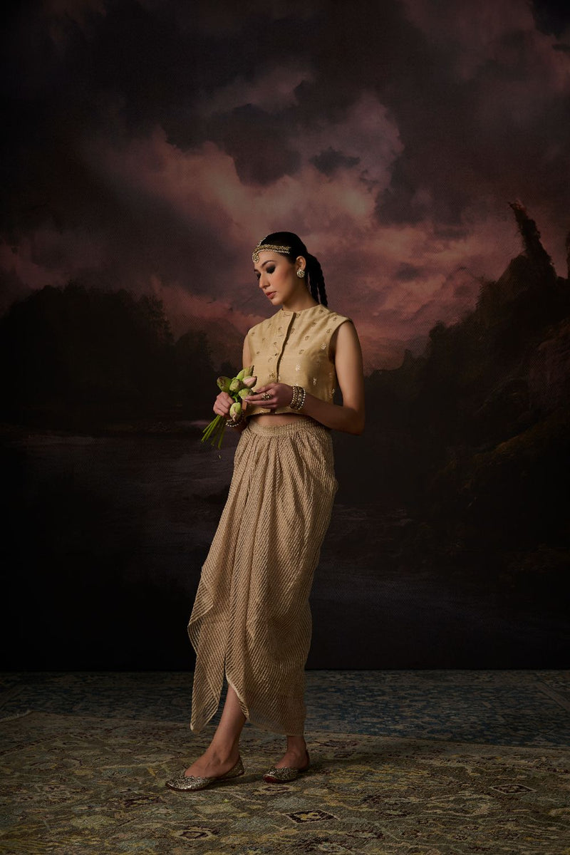 NARI SKIRT organza by SWATTI KAPOOR in gold color for women Worldwide