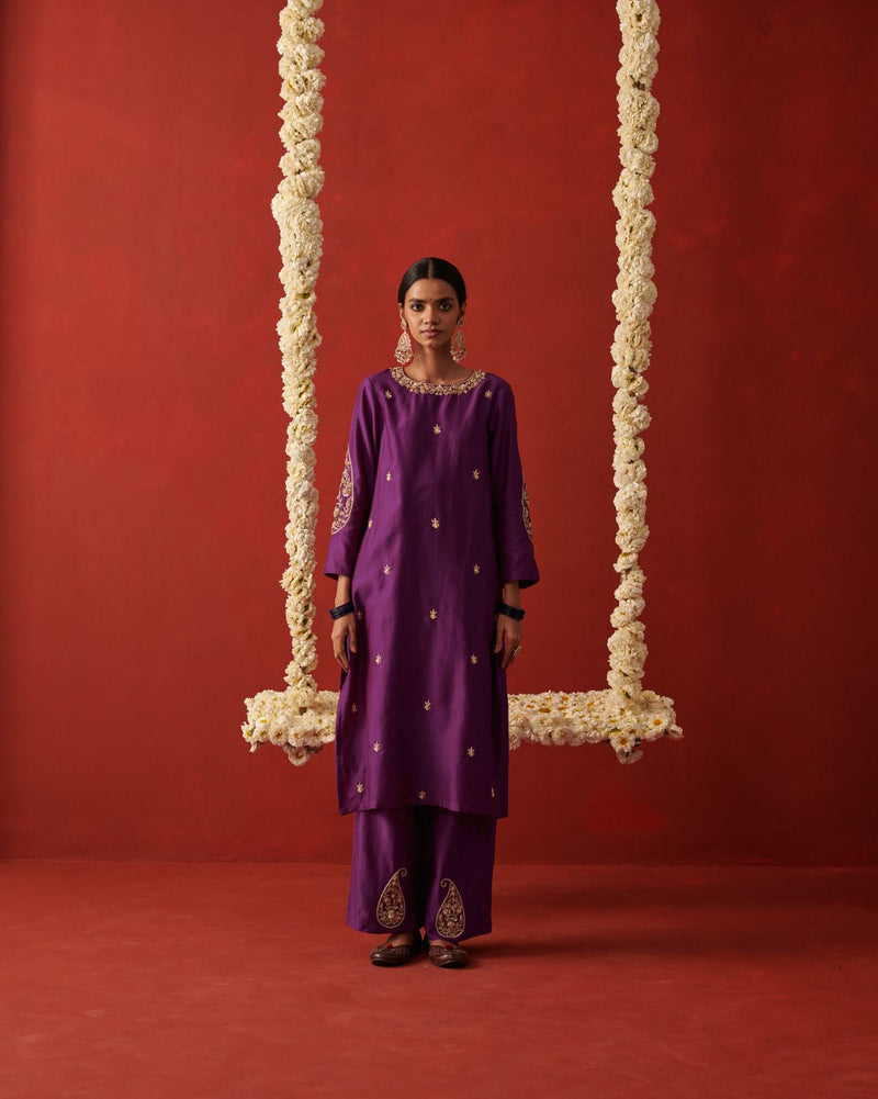 NAZAKAT & SAANWLI KURTA & PANT silk by Rashika Mittal in purple color for women Worldwide