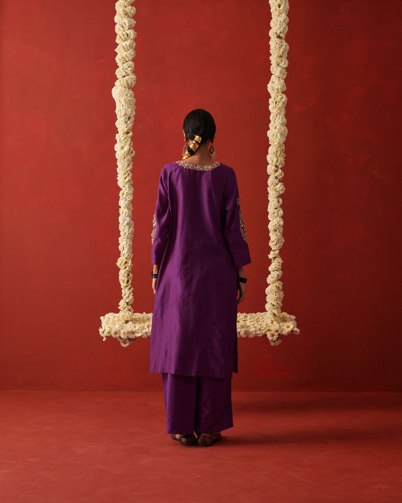 NAZAKAT & SAANWLI KURTA & PANT silk by Rashika Mittal in purple color for women Worldwide