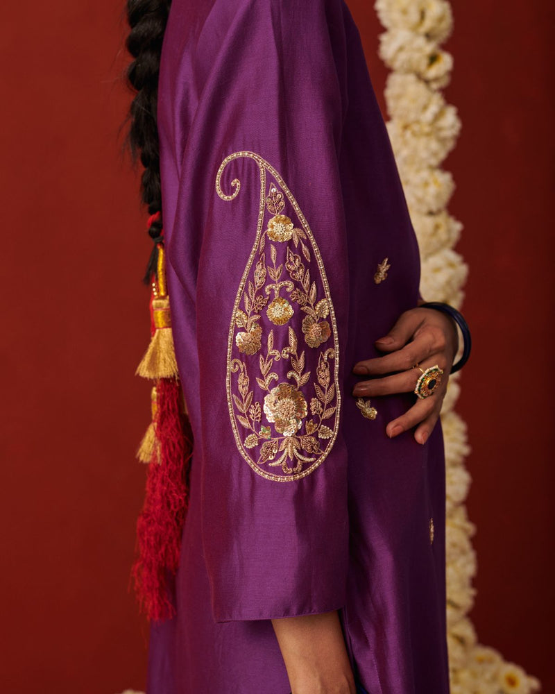 NAZAKAT & SAANWLI KURTA & PANT silk by Rashika Mittal in purple color for women Worldwide