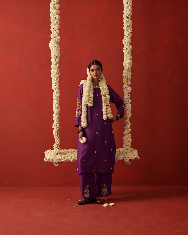 NAZAKAT & SAANWLI KURTA & PANT silk by Rashika Mittal in purple color for women Worldwide