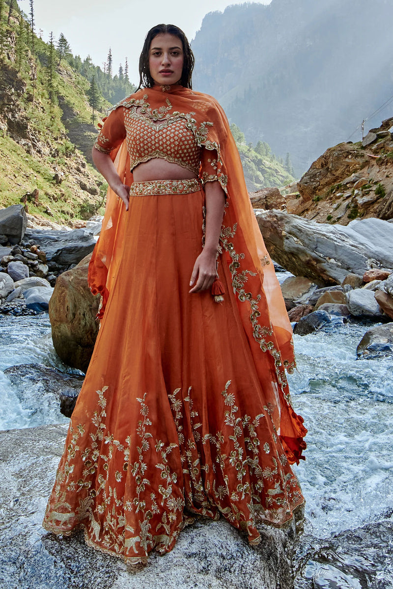 Nigella Lehenga Set tissue by Paulmi & Harsh-kahan Sep'26 in orange for women Worldwide