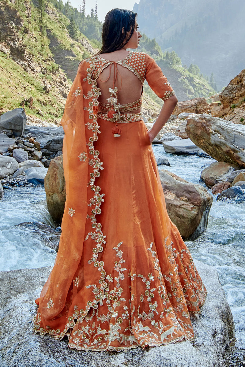 Nigella Lehenga Set tissue by Paulmi & Harsh-kahan Sep'26 in orange for women Worldwide