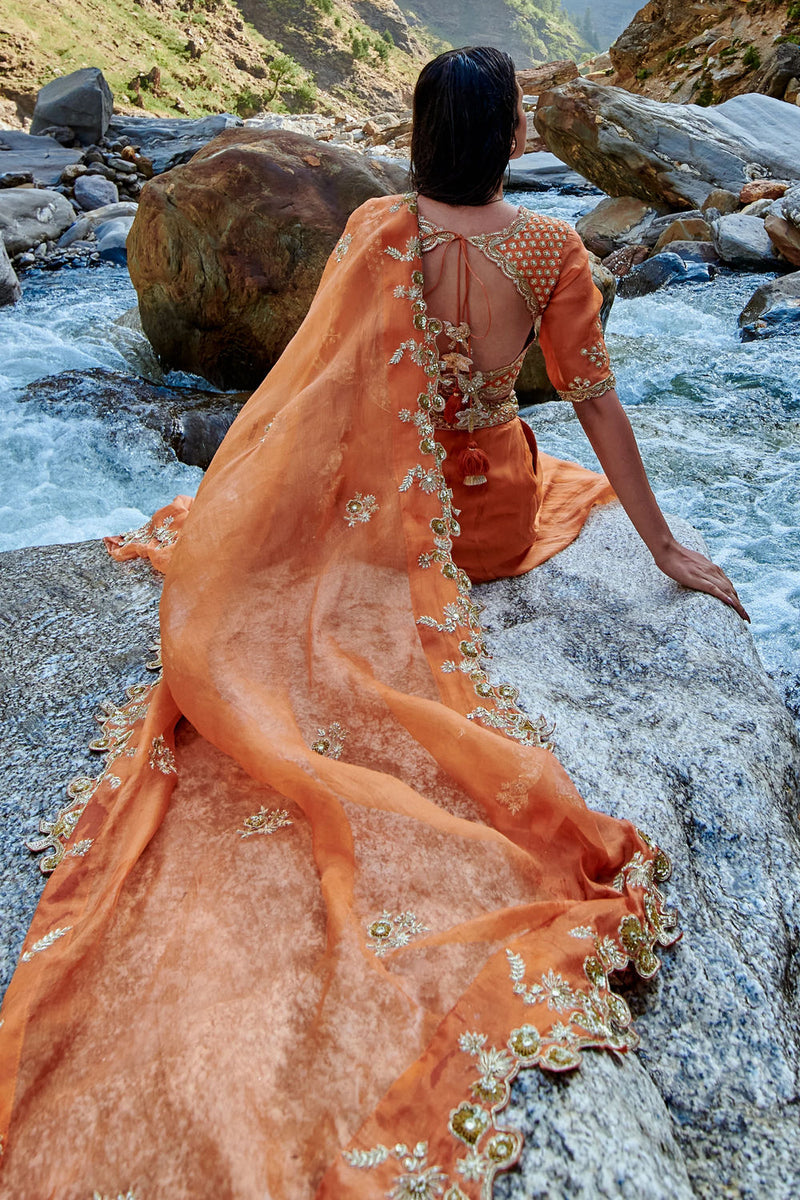 Nigella Lehenga Set tissue by Paulmi & Harsh-kahan Sep'26 in orange for women Worldwide