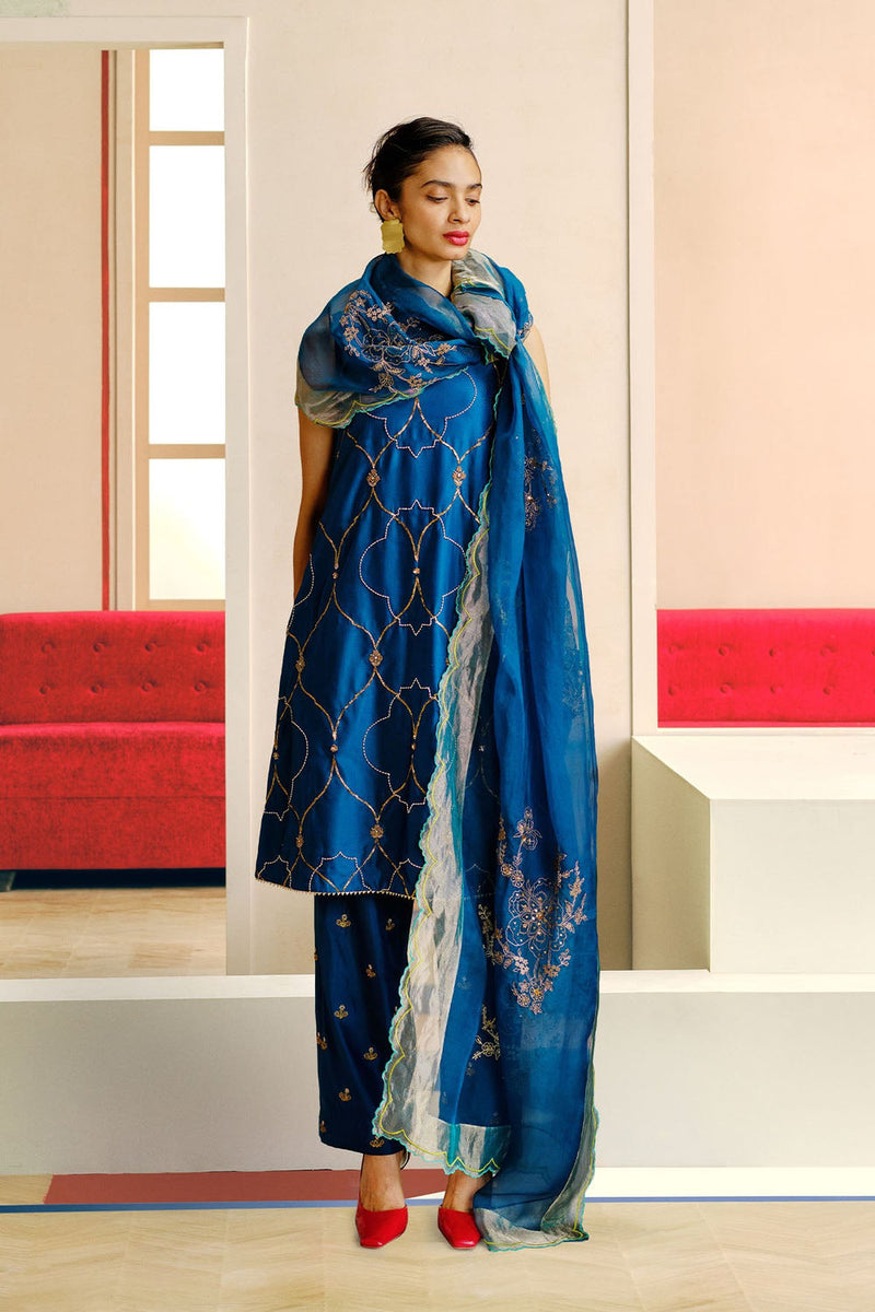 Niloufer Deep Teal Scallop Embroidery Kurta Set silk, organza kurta/kurta set by Rajiramniq in teal for women Worldwide