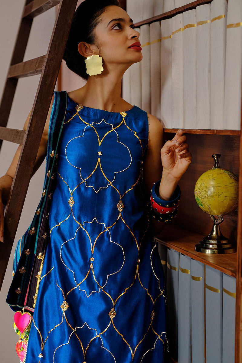 Niloufer Deep Teal Scallop Embroidery Kurta Set silk, organza kurta/kurta set by Rajiramniq in teal for women Worldwide