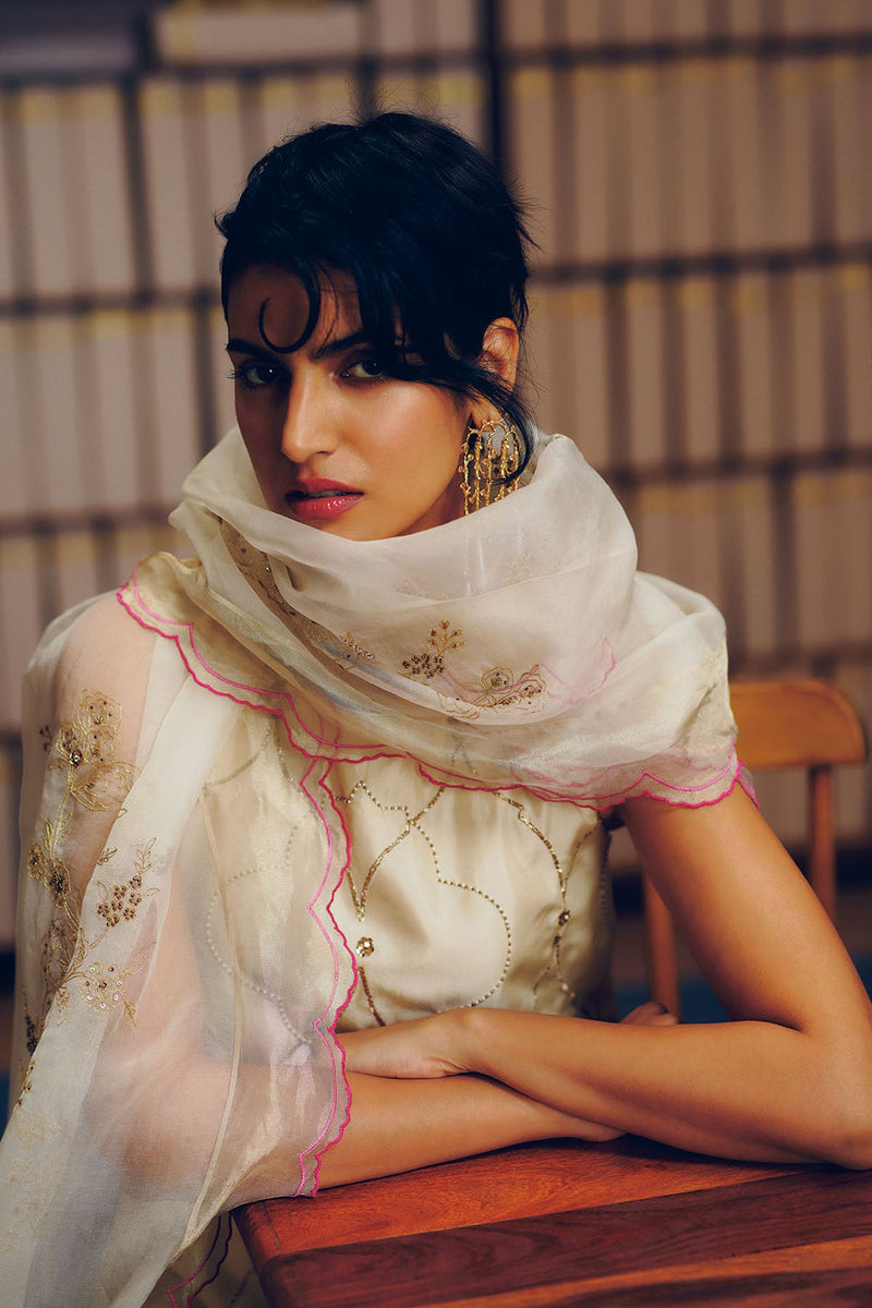 Niloufer Ivory Scallop Embroidery Kurta Set silk, organza kurta/kurta set by Rajiramniq in ivory for women Worldwide