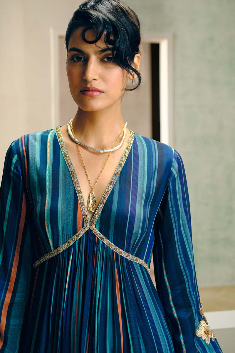 Niloufer Teal-Powder Blue Stripe Alia Cut Kurta Set crepe, modal satin kurta/kurta set by Rajiramniq in teal for women Worldwide