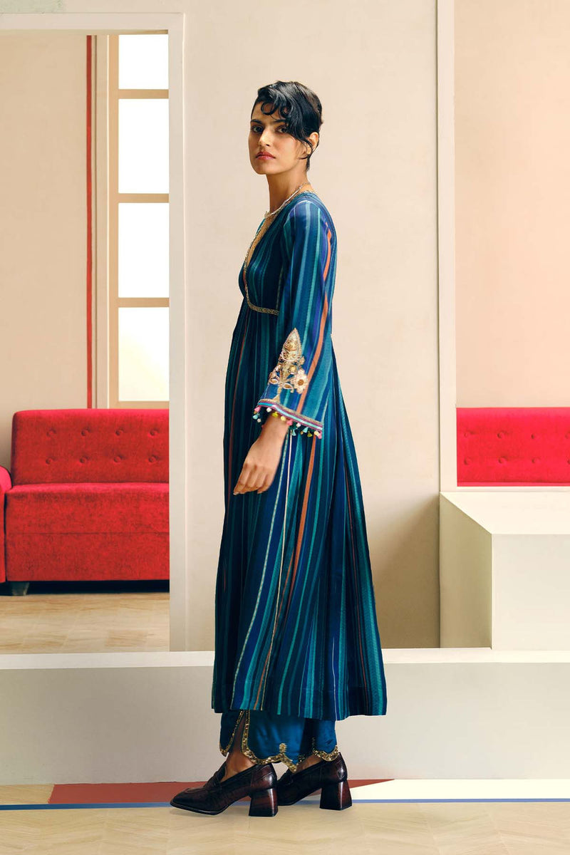 Niloufer Teal-Powder Blue Stripe Alia Cut Kurta Set crepe, modal satin kurta/kurta set by Rajiramniq in teal for women Worldwide