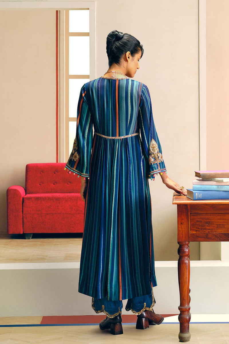 Niloufer Teal-Powder Blue Stripe Alia Cut Kurta Set crepe, modal satin kurta/kurta set by Rajiramniq in teal for women Worldwide