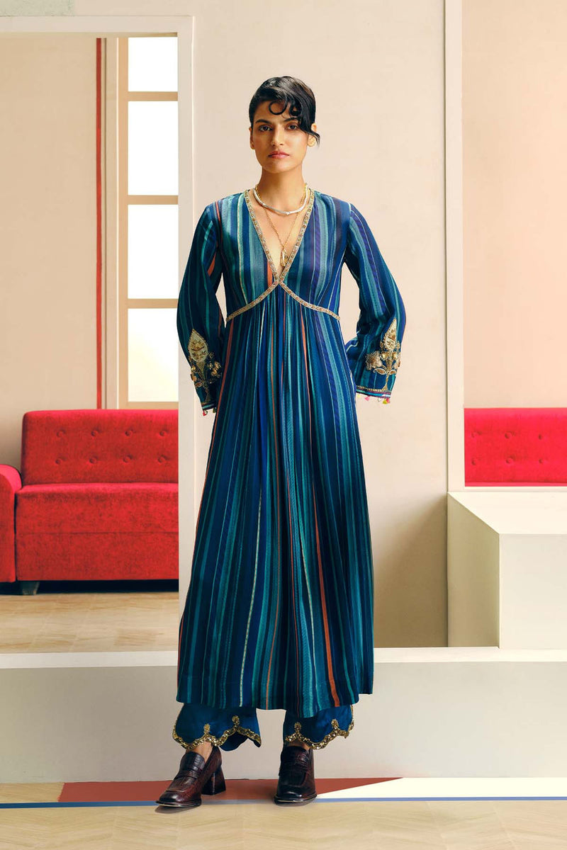 Niloufer Teal-Powder Blue Stripe Alia Cut Kurta Set crepe, modal satin kurta/kurta set by Rajiramniq in teal for women Worldwide