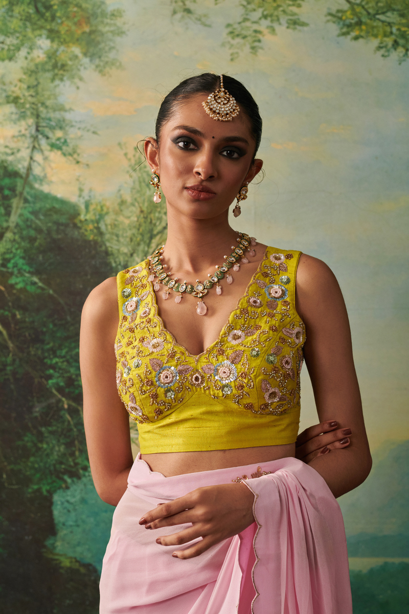 NIMBU BLOUSE silk by Rashika Mittal in yellow color for women Worldwide