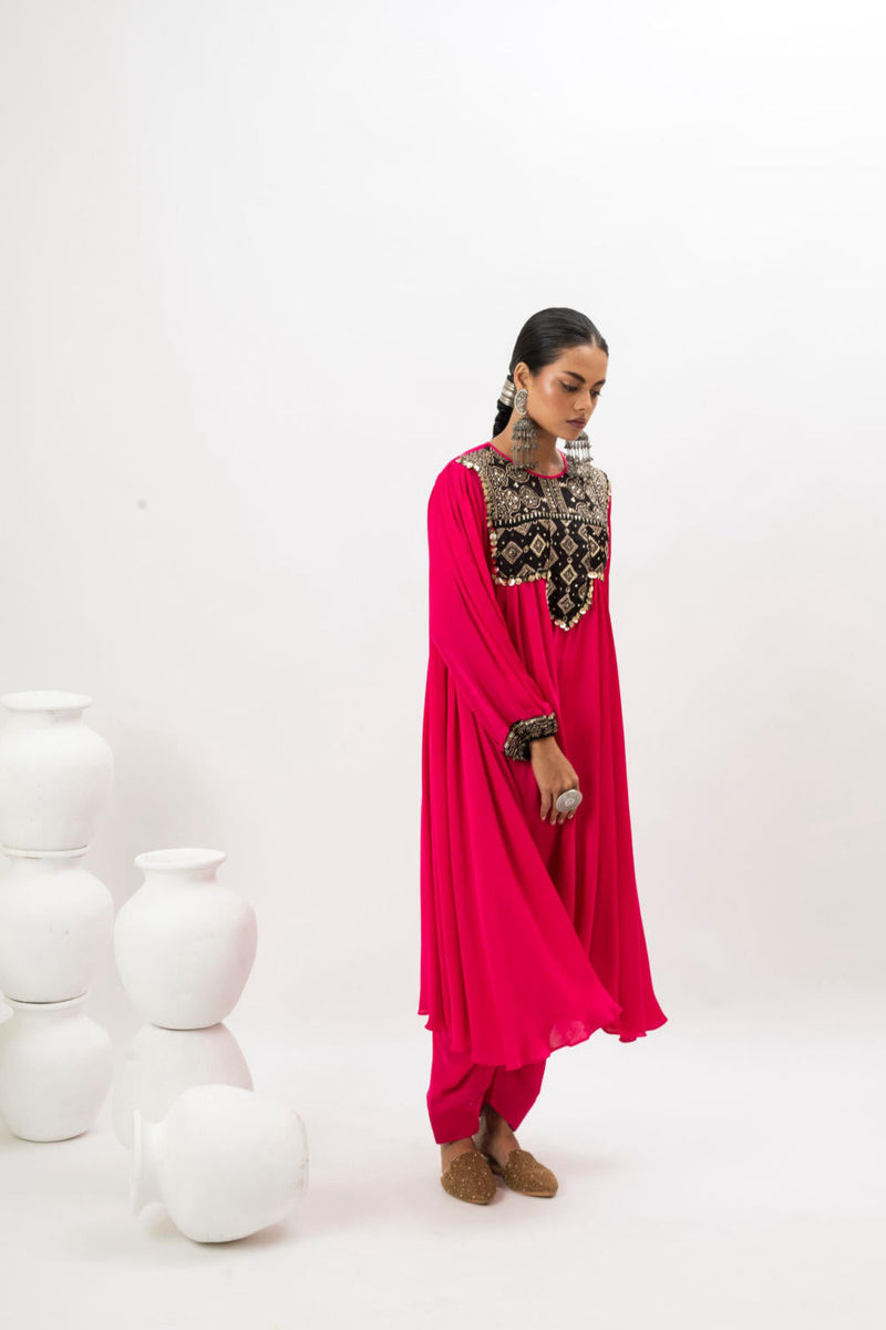 Mahi Asymmetrical Kurta Set - Pink satin by PRAHNAAYA in pink color for women Worldwide