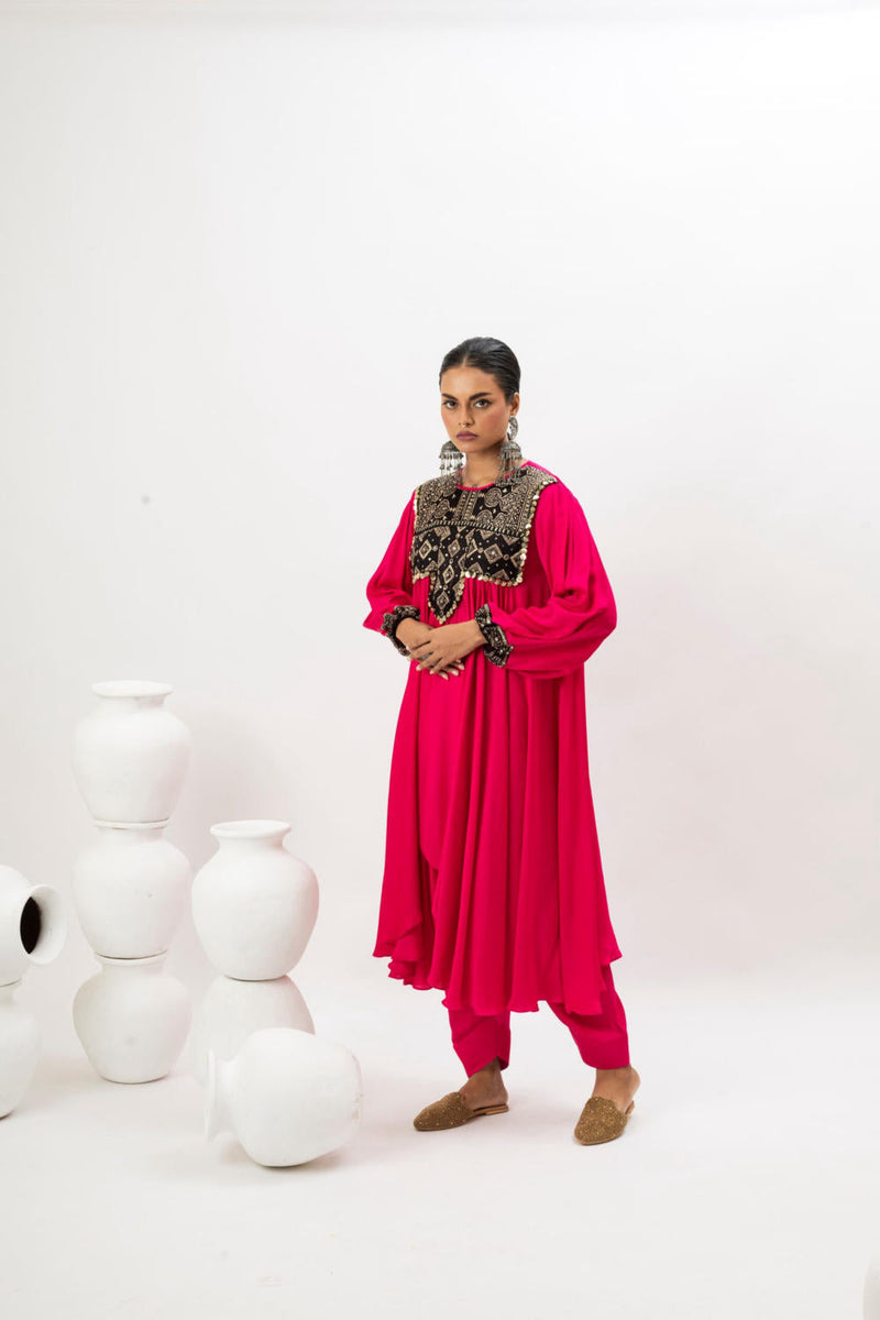 Mahi Asymmetrical Kurta Set with Dupatta - Pink satin by PRAHNAAYA in pink color for women Worldwide