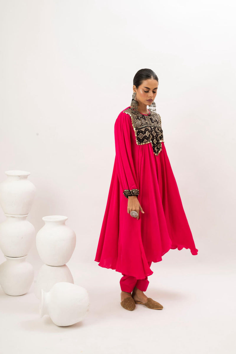 Mahi Asymmetrical Kurta Set - Pink satin by PRAHNAAYA in pink color for women Worldwide