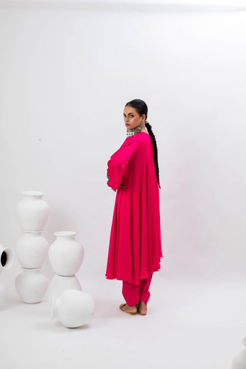 Mahi Asymmetrical Kurta Set - Pink satin by PRAHNAAYA in pink color for women Worldwide