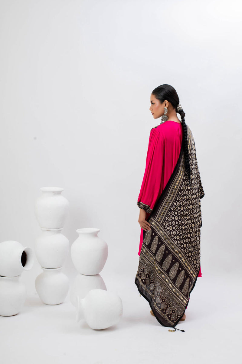 Mahi Asymmetrical Kurta Set with Dupatta - Pink satin by PRAHNAAYA in pink color for women Worldwide