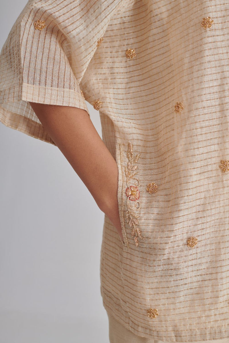 NOORI & NAGMA SHIRT, SLIP & PANT silk by Rashika Mittal in gold color for women Worldwide