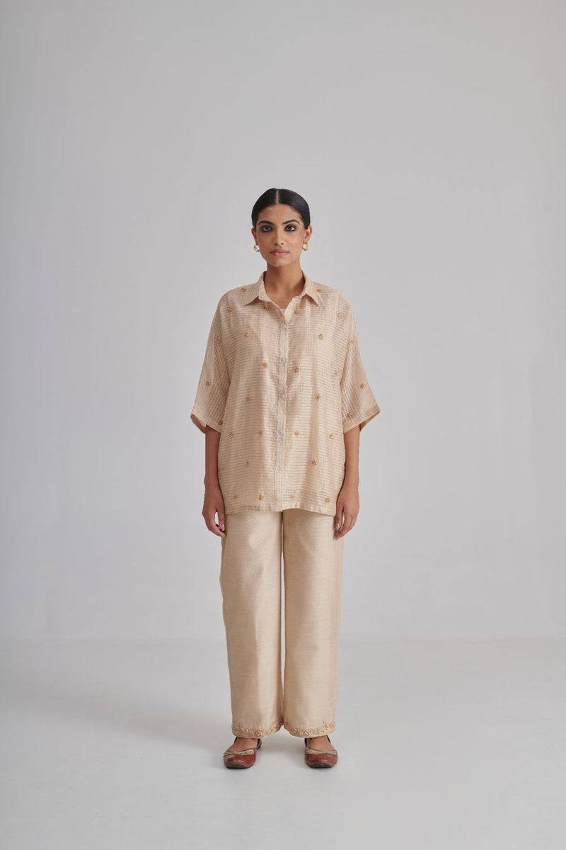 NOORI & NAGMA SHIRT, SLIP & PANT silk by Rashika Mittal in gold color for women Worldwide