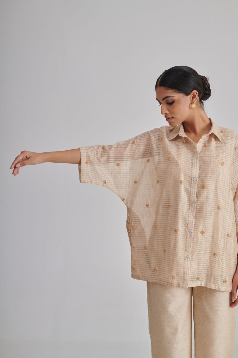 NOORI & NAGMA SHIRT, SLIP & PANT silk by Rashika Mittal in gold color for women Worldwide