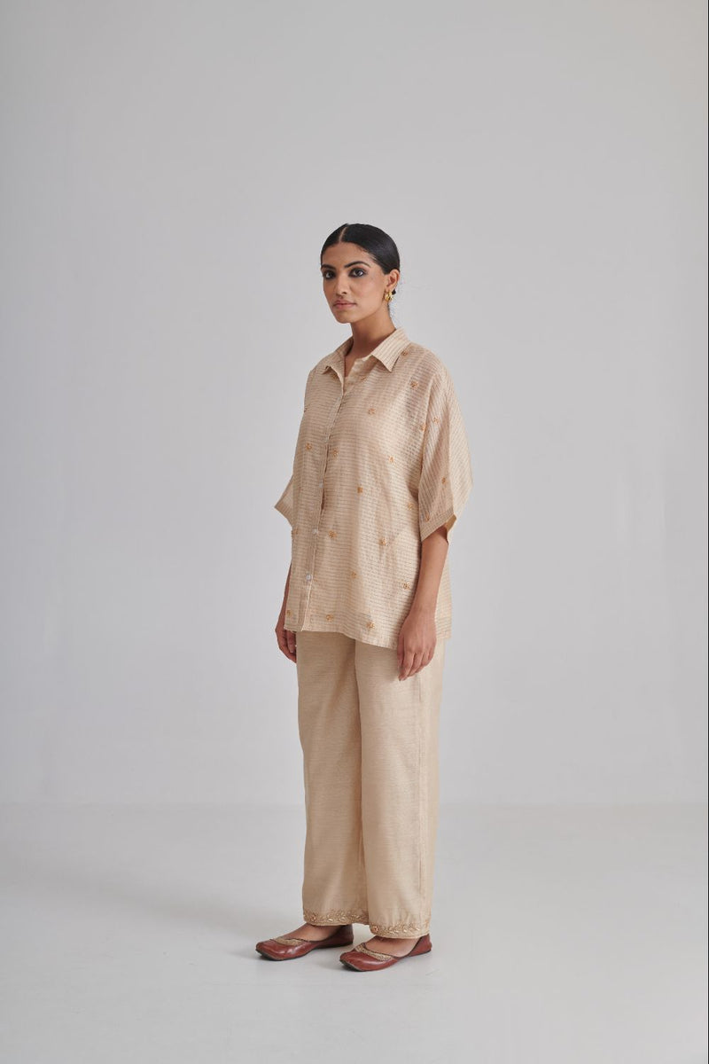 NOORI & NAGMA SHIRT, SLIP & PANT silk by Rashika Mittal in gold color for women Worldwide