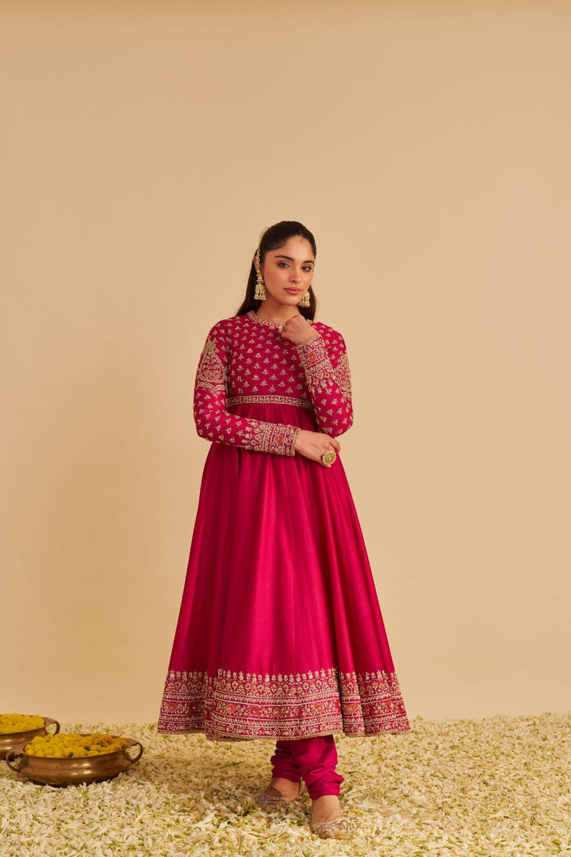 Noor - Dabka Zardozi Embroidered Chanderi Silk Hotpink Anarkali Set silk by SHEETAL BATRA in pink color for women Worldwide