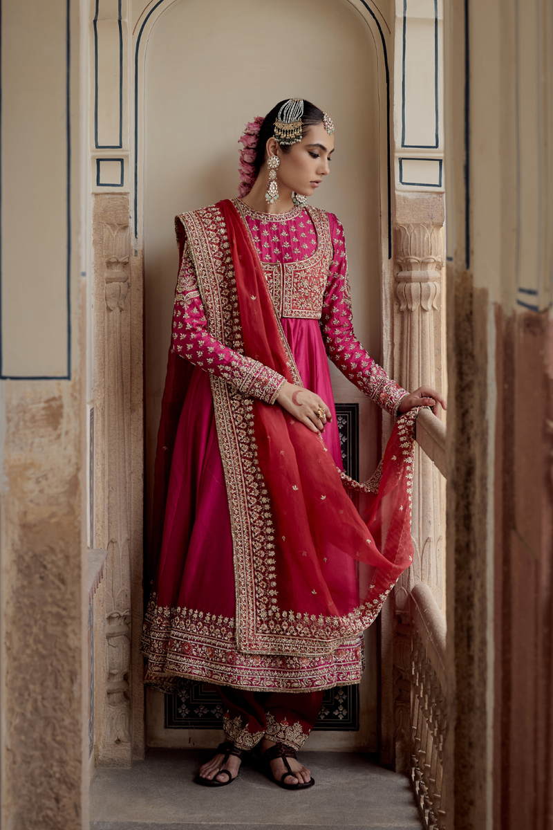 Noor - Dabka Zardozi Embroidered Chanderi Silk Hotpink Anarkali Set silk by SHEETAL BATRA in pink color for women Worldwide