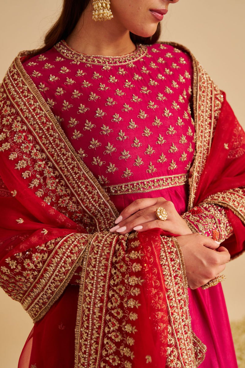 Noor - Dabka Zardozi Embroidered Chanderi Silk Hotpink Anarkali Set silk by SHEETAL BATRA in pink color for women Worldwide