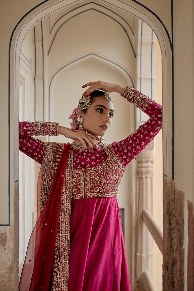 Noor - Dabka Zardozi Embroidered Chanderi Silk Hotpink Anarkali Set silk by SHEETAL BATRA in pink color for women Worldwide