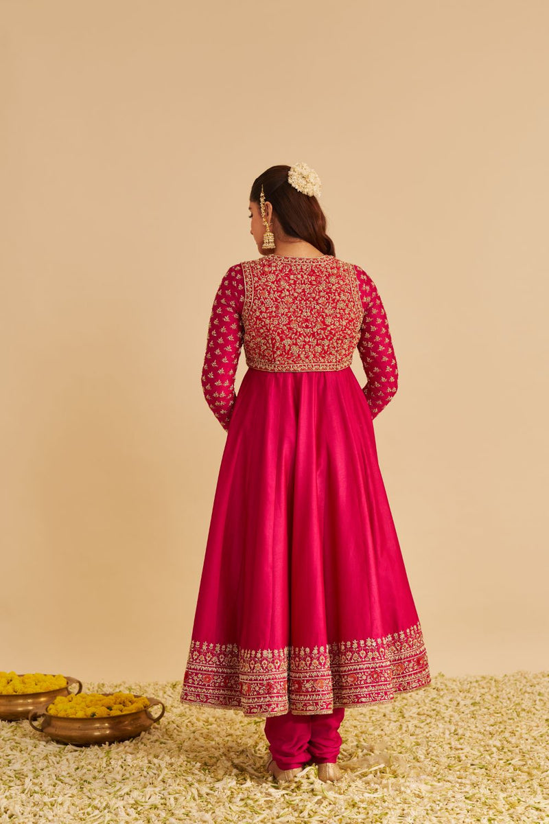 Noor - Dabka Zardozi Embroidered Chanderi Silk Hotpink Anarkali Set silk by SHEETAL BATRA in pink color for women Worldwide