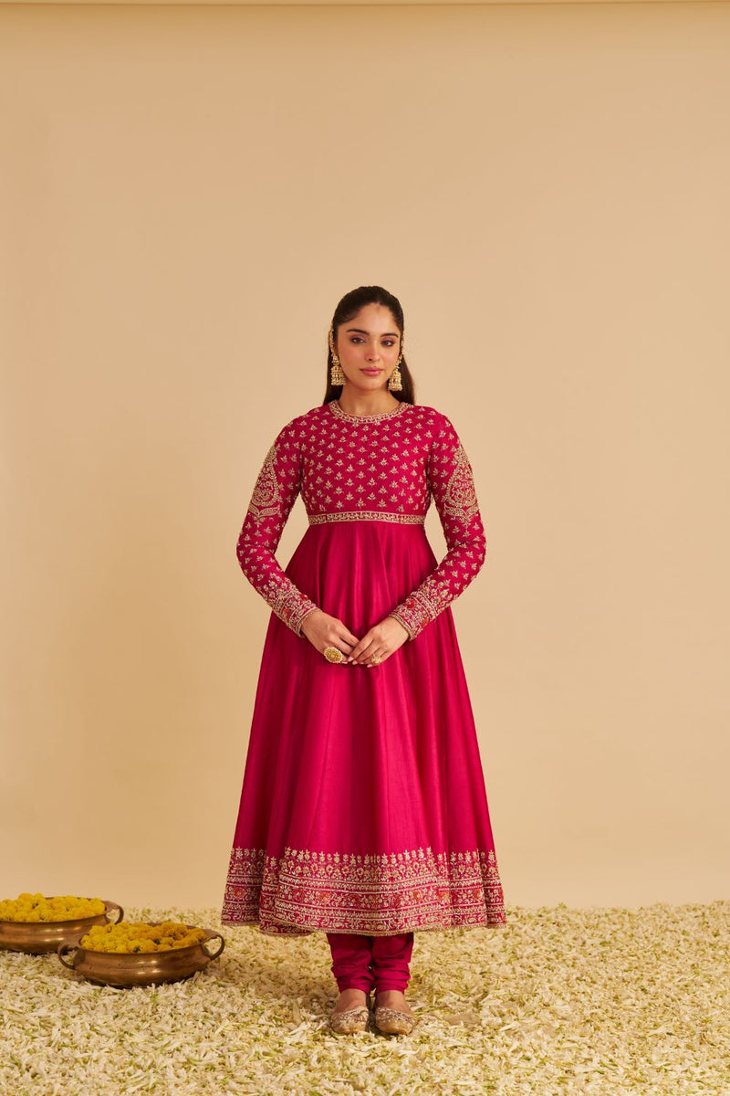 Noor - Dabka Zardozi Embroidered Chanderi Silk Hotpink Anarkali Set silk by SHEETAL BATRA in pink color for women Worldwide