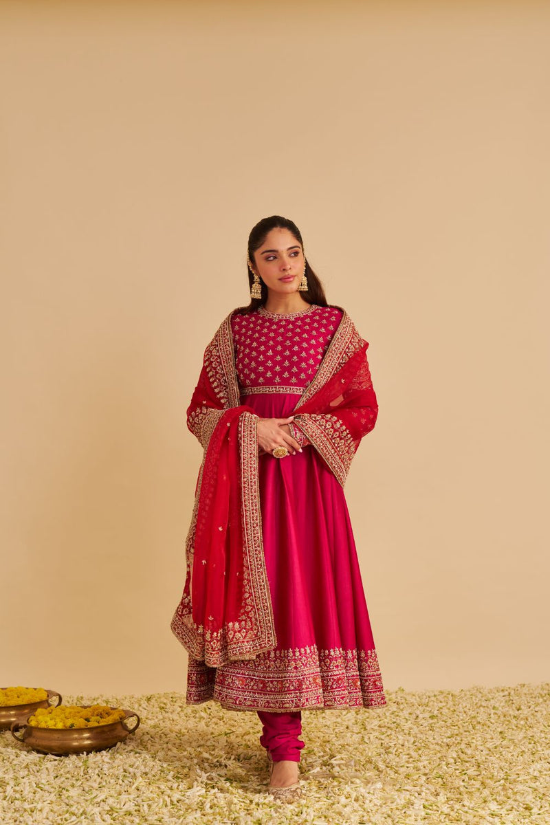 Noor - Dabka Zardozi Embroidered Chanderi Silk Hotpink Anarkali Set silk by SHEETAL BATRA in pink color for women Worldwide