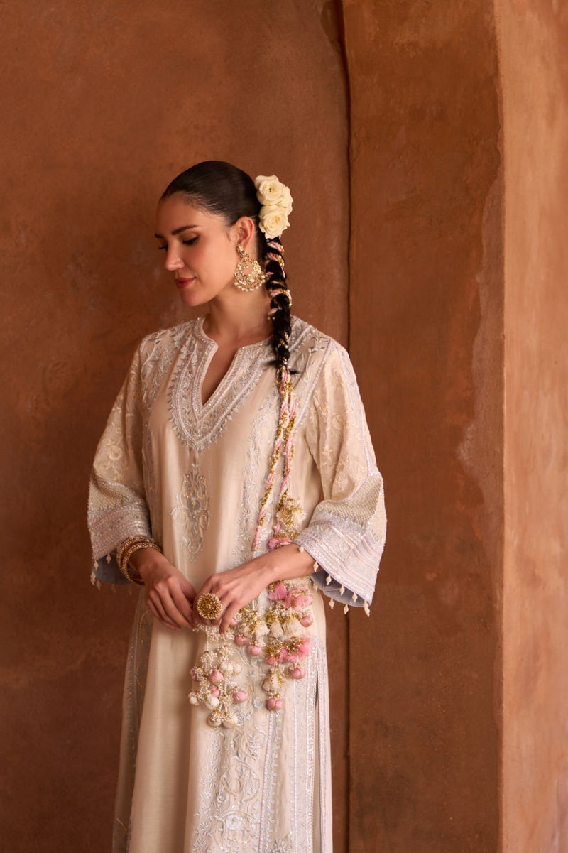 NURVI - DAISY IVORY WITH BLUE LONG A-LINE KURTA WITH PALAZZO AND DUPATTA silk organza kurta/kurta set by SHEETAL BATRA in daisy ivory with blue for women Worldwide